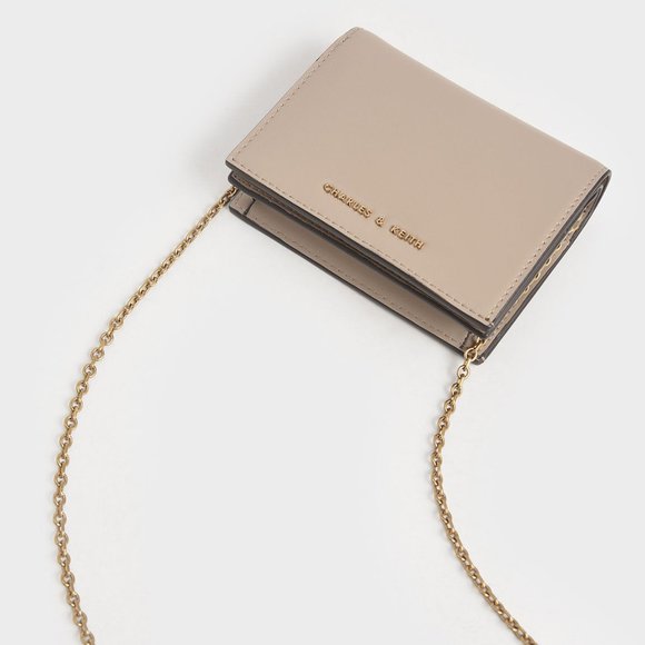 NWT Charles & Keith Snap Button Short Wallet On Chain - Sand Brown / Beige - Picture 5 of 11